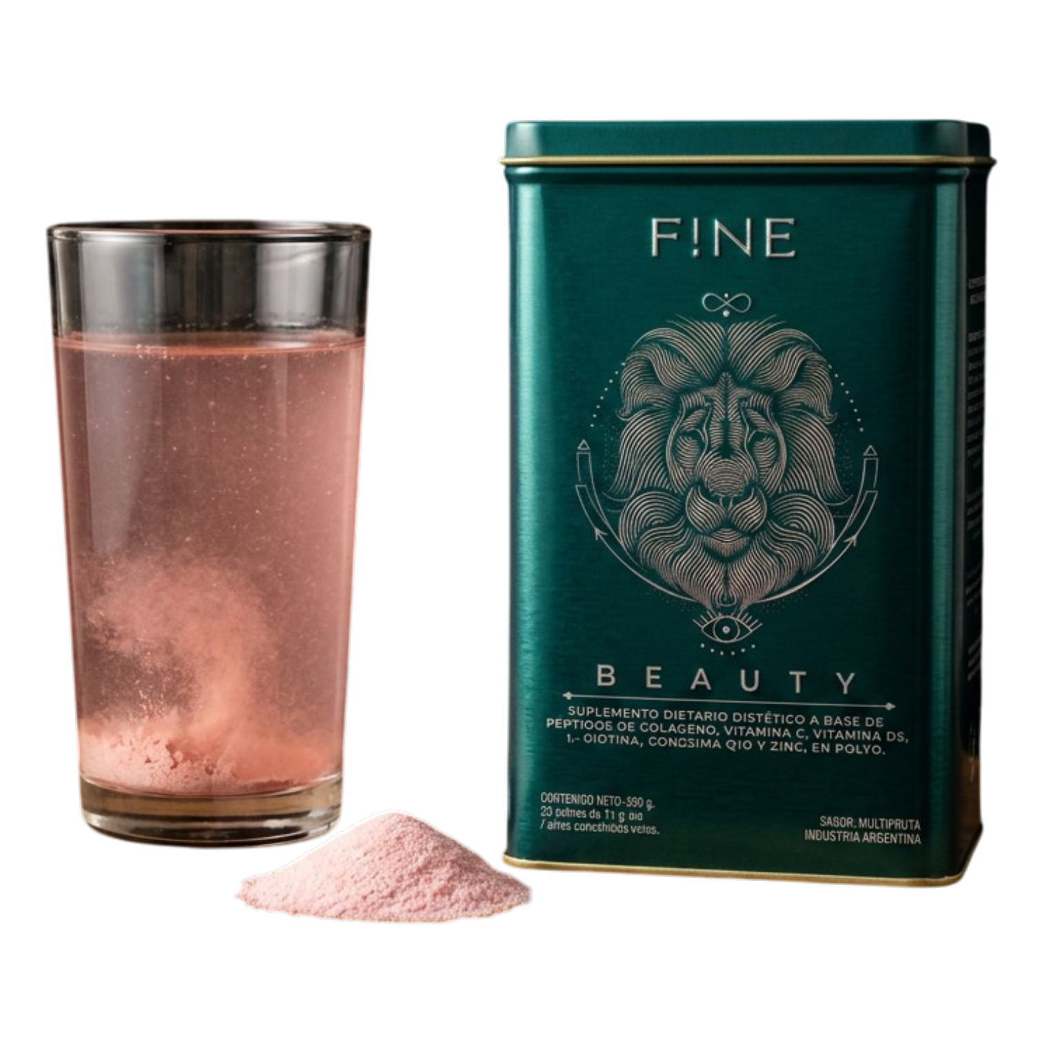 Fine Beauty Colágeno Hidrolizado Multifruta 30 sobres — lata verde premium con vaso rosa