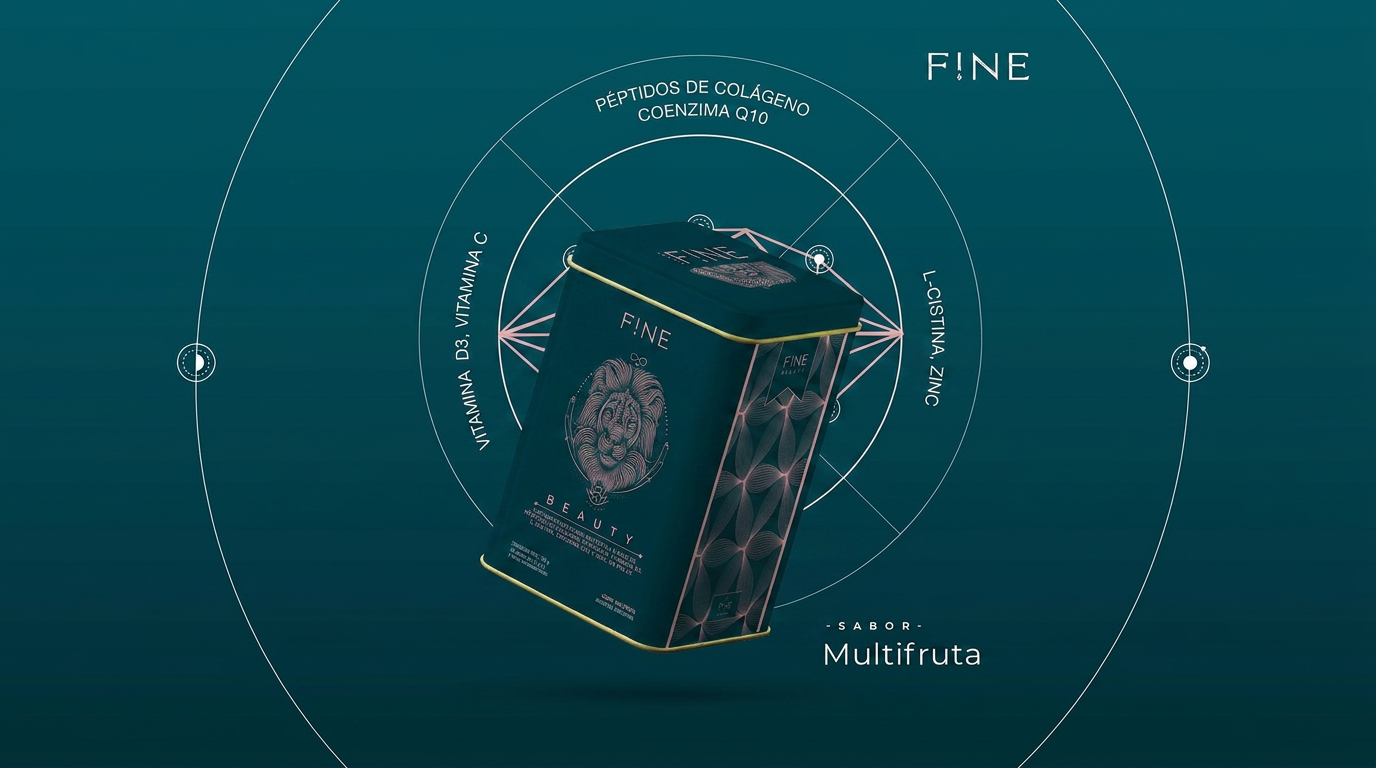 Fine Beauty Colágeno lata premium — péptidos bioactivos, sabor multifruta, ingredientes activos