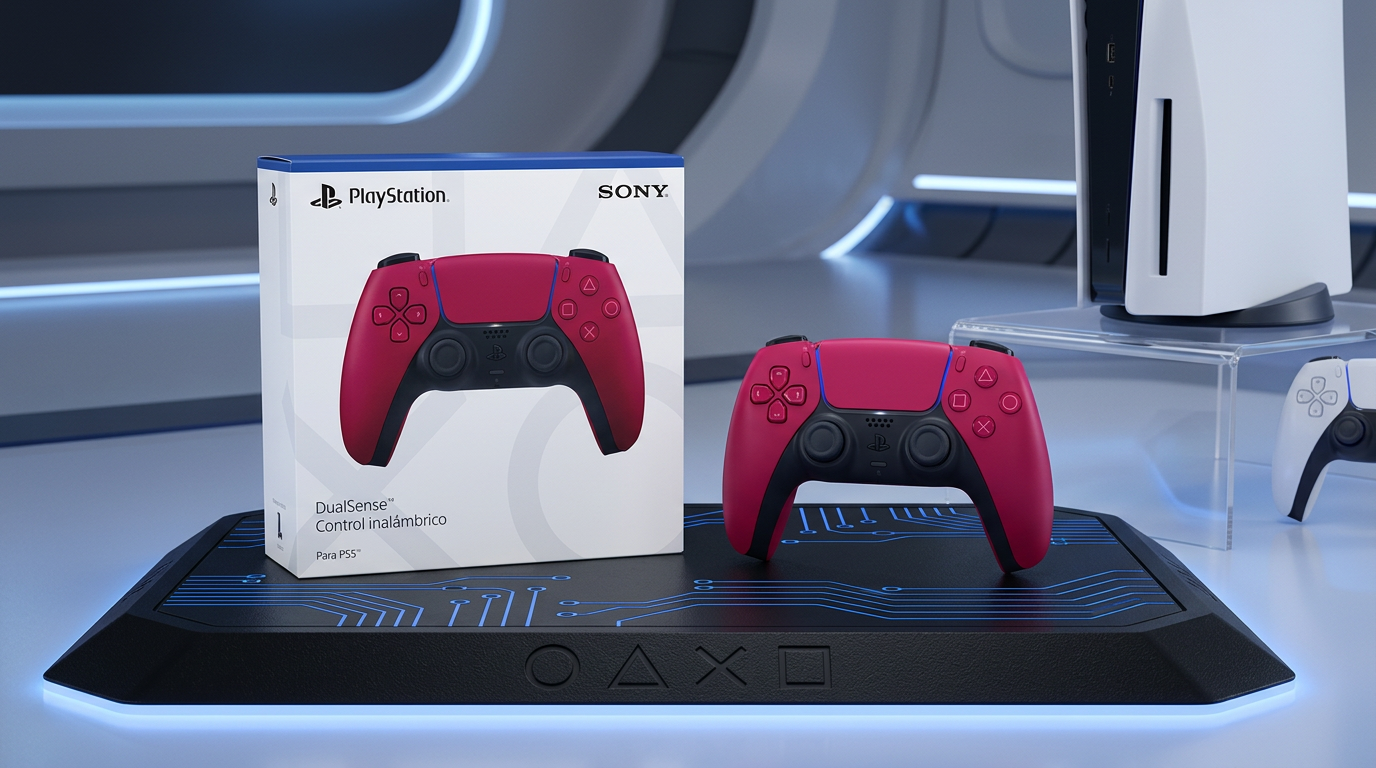 DualSense PS5 Cosmic Red junto a su caja oficial PlayStation Sony — control inalámbrico para PS5