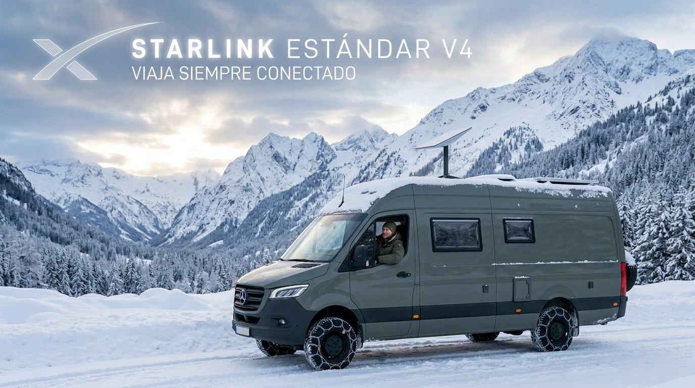 Motorhome Mercedes-Benz en montaña nevada con antena Starlink Estándar V4 instalada — viaja siempre conectado