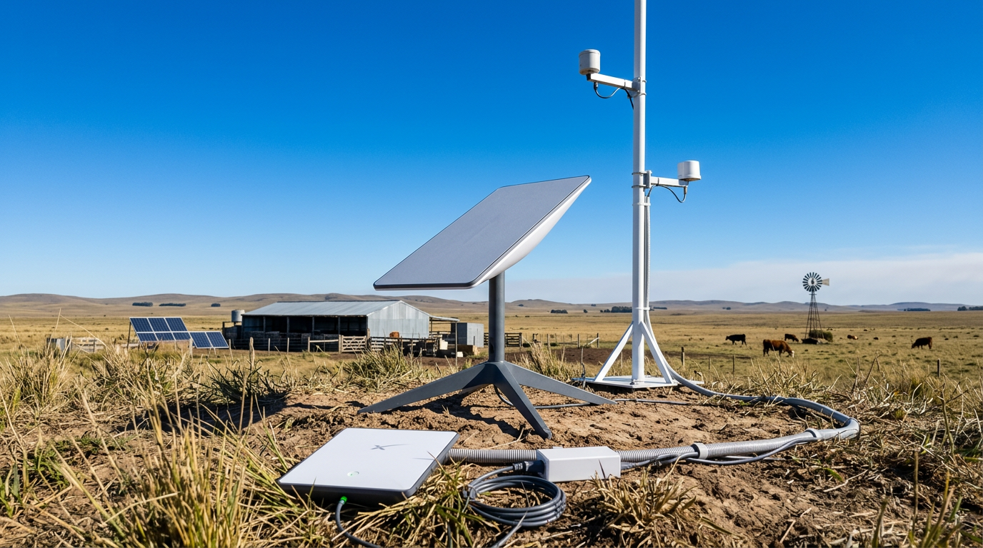 Antena Starlink Estándar V4 instalada en campo abierto con ganado y molino — internet rural sin fibra óptica