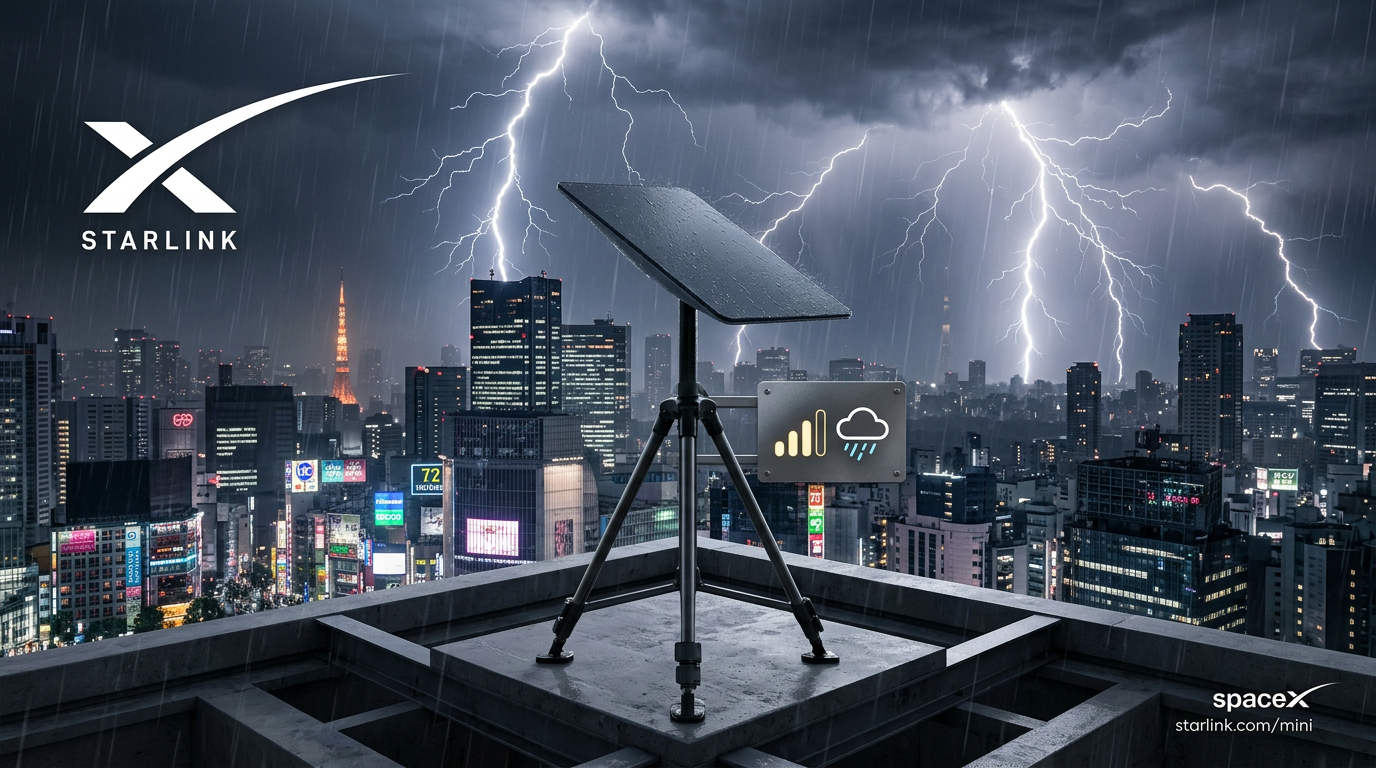 Antena Starlink Estándar V4 en tejado durante tormenta eléctrica en ciudad — señal constante sin cortes