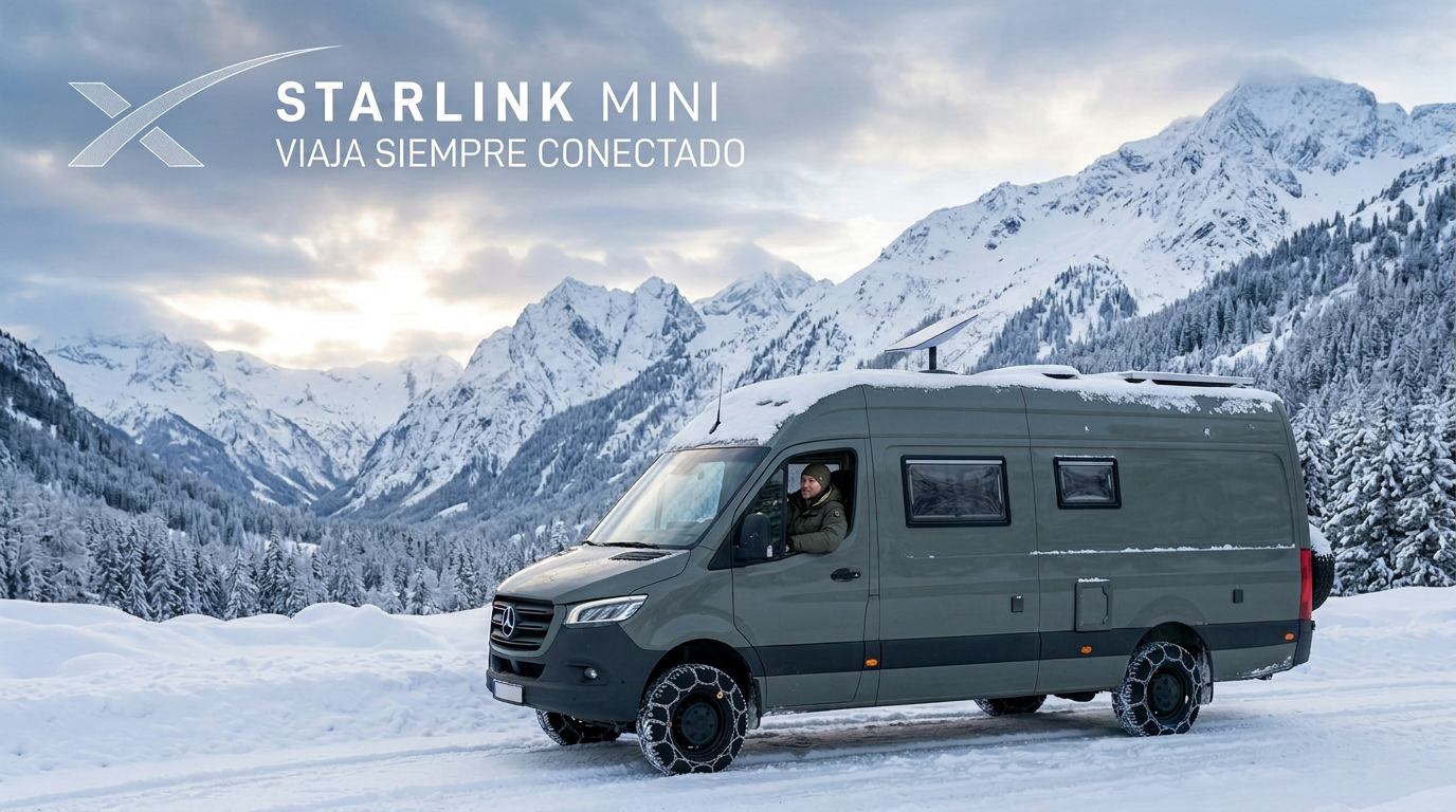 Motorhome Mercedes-Benz en ruta nevada con Starlink Mini instalado en el techo