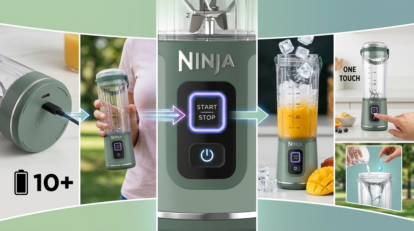 Ninja Blast características principales — batería USB-C, one touch, tritura hielo, antiderrame