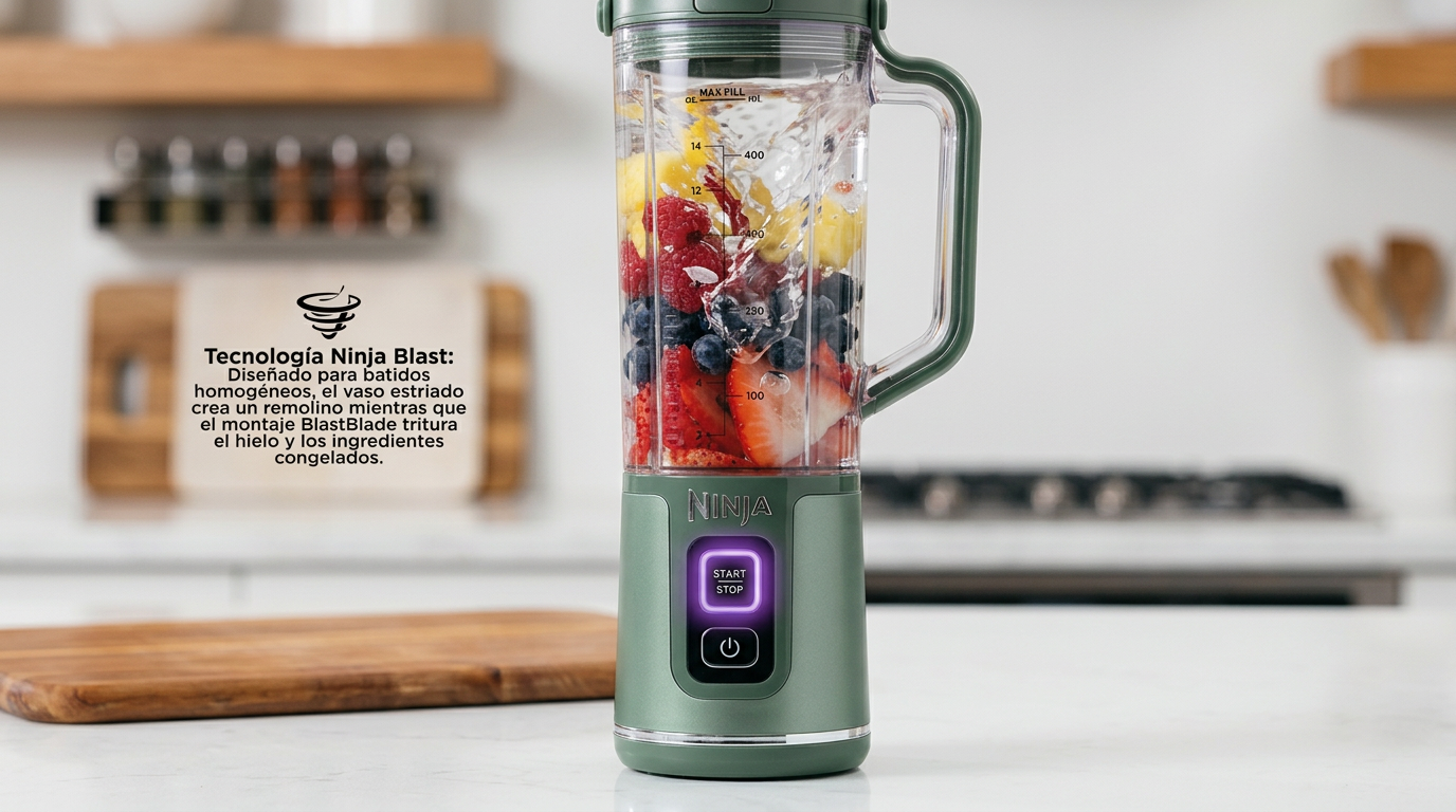 Ninja Blast creando un remolino perfecto con frutas y hielo — tecnología BlastBlade