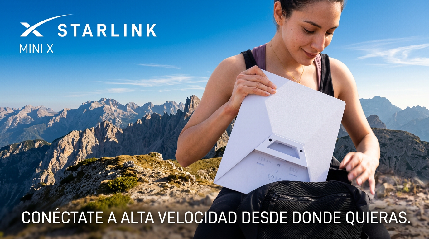 Senderista en alta montaña usando el Kit Starlink Mini para conectarse a internet
