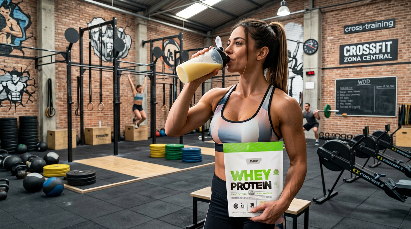Atleta bebiendo batido de Star Nutrition Whey Protein en crossfit gym