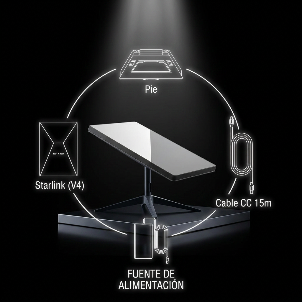 Kit completo Starlink Estándar V4 — antena, pie, cable CC 15m y fuente de alimentación